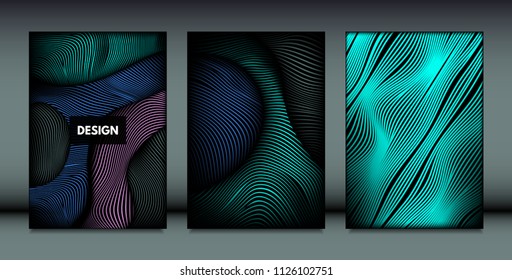 Distortion of Wavy Lines. Trendy Abstract Backgrounds with Vibrant Gradient. Movement and Volume Effect. Futuristic Cover Templates Set for Presentation, Poster, Brochure. Distortion of 3d Shapes.