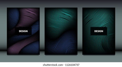 Distortion of Wavy Lines. Trendy Abstract Backgrounds with Vibrant Gradient. Movement and Volume Effect. Futuristic Cover Templates Set for Presentation, Poster, Brochure. Distortion of 3d Shapes.