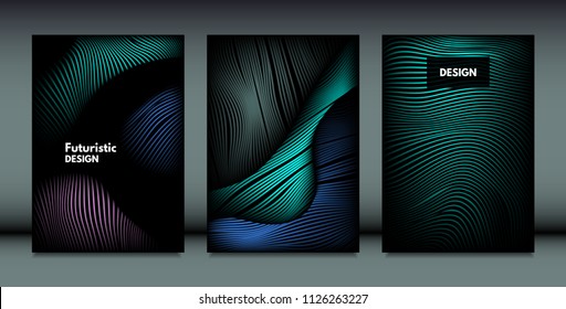Distortion of Wavy Lines. Trendy Abstract Backgrounds with Vibrant Gradient. Movement and Volume Effect. Futuristic Cover Templates Set for Presentation, Poster, Brochure. Distortion of 3d Shapes.
