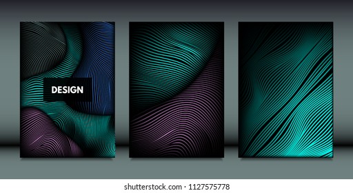Distortion of Wavy Lines. Trendy Abstract Backgrounds with Vibrant Gradient. Movement and Volume Effect. Futuristic Cover Templates Set for Presentation, Poster, Brochure. Distortion of 3d Shapes.