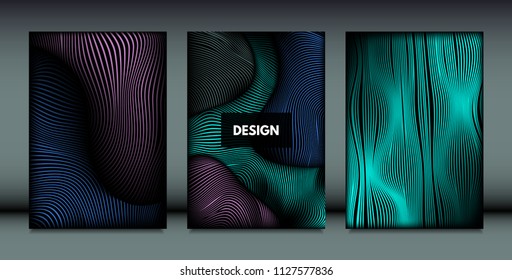 Distortion of Wavy Lines. Trendy Abstract Backgrounds with Vibrant Gradient. Movement and Volume Effect. Futuristic Cover Templates Set for Presentation, Poster, Brochure. Distortion of 3d Shapes.