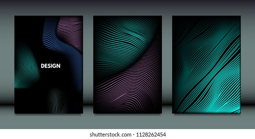 Distortion of Wavy Lines. Trendy Abstract Backgrounds with Vibrant Gradient. Movement and Volume Effect. Futuristic Cover Templates Set for Presentation, Poster, Brochure. Distortion of 3d Shapes.