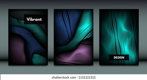 Distortion of Wavy Lines. Trendy Abstract Backgrounds with Vibrant Gradient. Movement and Volume Effect. Futuristic Cover Templates Set for Presentation, Poster, Brochure. Distortion of 3d Shapes.