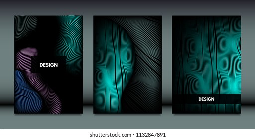 Distortion of Wavy Lines. Trendy Abstract Backgrounds with Vibrant Gradient. Movement and Volume Effect. Futuristic Cover Templates Set for Presentation, Poster, Brochure. Distortion of 3d Shapes.