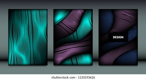 Distortion of Wavy Lines. Trendy Abstract Backgrounds with Vibrant Gradient. Movement and Volume Effect. Futuristic Cover Templates Set for Presentation, Poster, Brochure. Distortion of 3d Shapes.