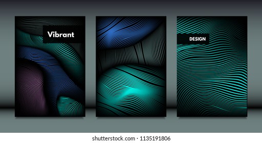 Distortion of Wavy Lines. Trendy Abstract Backgrounds with Vibrant Gradient. Movement and Volume Effect. Futuristic Cover Templates Set for Presentation, Poster, Brochure. Distortion of 3d Shapes.