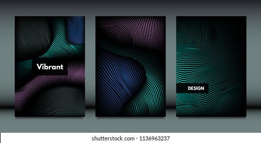 Distortion of Wavy Lines. Trendy Abstract Backgrounds with Vibrant Gradient. Movement and Volume Effect. Futuristic Cover Templates Set for Presentation, Poster, Brochure. Distortion of 3d Shapes.
