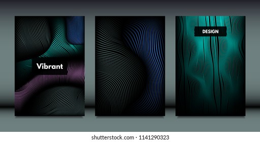 Distortion of Wavy Lines. Trendy Abstract Backgrounds with Vibrant Gradient. Movement and Volume Effect. Futuristic Cover Templates Set for Presentation, Poster, Brochure. Distortion of 3d Shapes.
