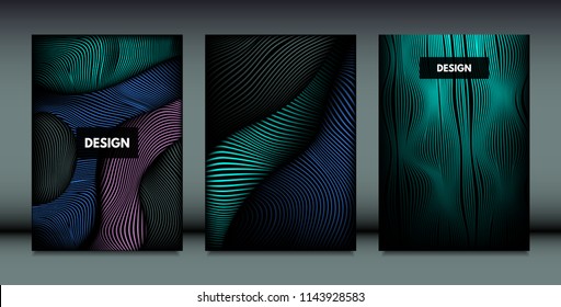 Distortion of Wavy Lines. Trendy Abstract Backgrounds with Vibrant Gradient. Movement and Volume Effect. Futuristic Cover Templates Set for Presentation, Poster, Brochure. Distortion of 3d Shapes.