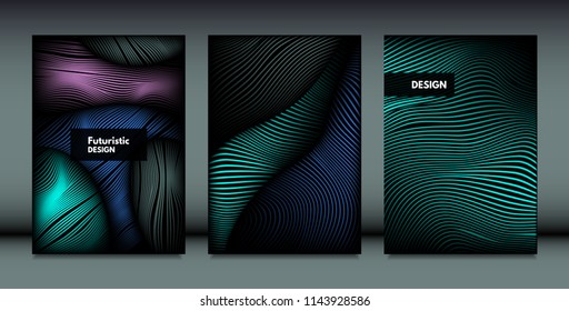 Distortion of Wavy Lines. Trendy Abstract Backgrounds with Vibrant Gradient. Movement and Volume Effect. Futuristic Cover Templates Set for Presentation, Poster, Brochure. Distortion of 3d Shapes.