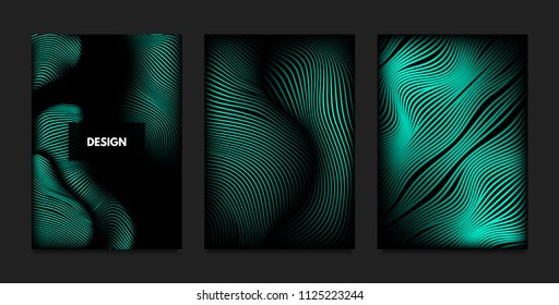 Distortion of Wavy Lines. Turquoise Abstract Backgrounds with Vibrant Gradient. Movement and Volume Effect. Futuristic Cover Templates Set for Presentation, Poster, Brochure. Distortion of 3d Shapes.