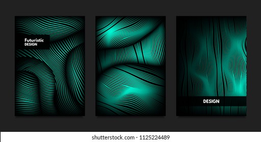Distortion of Wavy Lines. Turquoise Abstract Backgrounds with Vibrant Gradient. Movement and Volume Effect. Futuristic Cover Templates Set for Presentation, Poster, Brochure. Distortion of 3d Shapes.