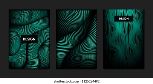 Distortion of Wavy Lines. Turquoise Abstract Backgrounds with Vibrant Gradient. Movement and Volume Effect. Futuristic Cover Templates Set for Presentation, Poster, Brochure. Distortion of 3d Shapes.