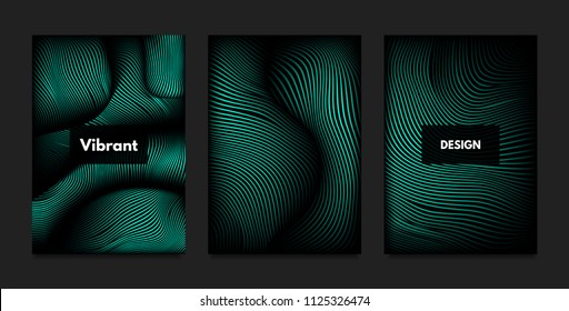 Distortion of Wavy Lines. Turquoise Abstract Backgrounds with Vibrant Gradient. Movement and Volume Effect. Futuristic Cover Templates Set for Presentation, Poster, Brochure. Distortion of 3d Shapes.