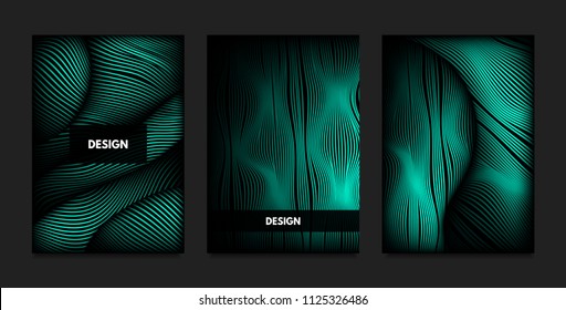 Distortion of Wavy Lines. Turquoise Abstract Backgrounds with Vibrant Gradient. Movement and Volume Effect. Futuristic Cover Templates Set for Presentation, Poster, Brochure. Distortion of 3d Shapes.