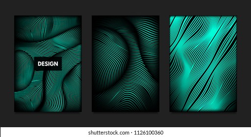 Distortion of Wavy Lines. Turquoise Abstract Backgrounds with Vibrant Gradient. Movement and Volume Effect. Futuristic Cover Templates Set for Presentation, Poster, Brochure. Distortion of 3d Shapes.