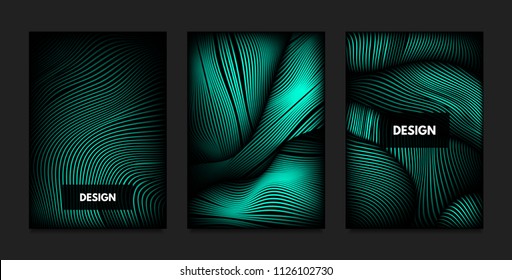 Distortion of Wavy Lines. Turquoise Abstract Backgrounds with Vibrant Gradient. Movement and Volume Effect. Futuristic Cover Templates Set for Presentation, Poster, Brochure. Distortion of 3d Shapes.
