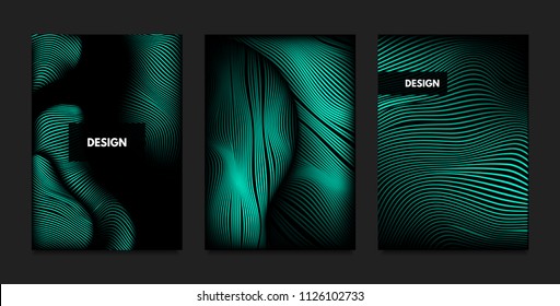 Distortion of Wavy Lines. Turquoise Abstract Backgrounds with Vibrant Gradient. Movement and Volume Effect. Futuristic Cover Templates Set for Presentation, Poster, Brochure. Distortion of 3d Shapes.