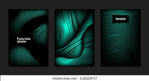 Distortion of Wavy Lines. Turquoise Abstract Backgrounds with Vibrant Gradient. Movement and Volume Effect. Futuristic Cover Templates Set for Presentation, Poster, Brochure. Distortion of 3d Shapes.
