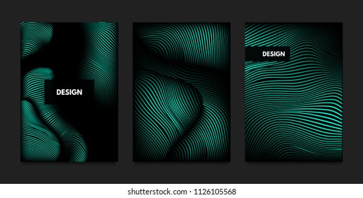 Distortion of Wavy Lines. Turquoise Abstract Backgrounds with Vibrant Gradient. Movement and Volume Effect. Futuristic Cover Templates Set for Presentation, Poster, Brochure. Distortion of 3d Shapes.