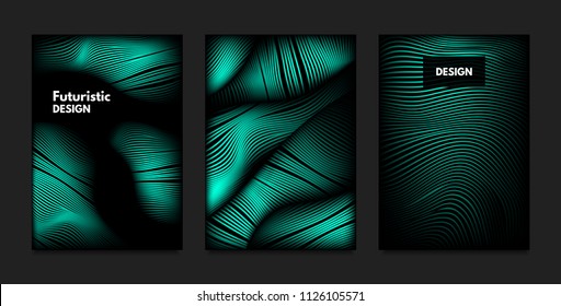 Distortion of Wavy Lines. Turquoise Abstract Backgrounds with Vibrant Gradient. Movement and Volume Effect. Futuristic Cover Templates Set for Presentation, Poster, Brochure. Distortion of 3d Shapes.