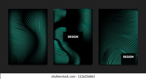 Distortion of Wavy Lines. Turquoise Abstract Backgrounds with Vibrant Gradient. Movement and Volume Effect. Futuristic Cover Templates Set for Presentation, Poster, Brochure. Distortion of 3d Shapes.