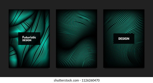 Distortion of Wavy Lines. Turquoise Abstract Backgrounds with Vibrant Gradient. Movement and Volume Effect. Futuristic Cover Templates Set for Presentation, Poster, Brochure. Distortion of 3d Shapes.