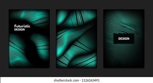 Distortion of Wavy Lines. Turquoise Abstract Backgrounds with Vibrant Gradient. Movement and Volume Effect. Futuristic Cover Templates Set for Presentation, Poster, Brochure. Distortion of 3d Shapes.