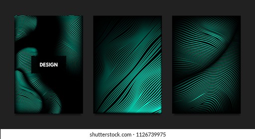 Distortion of Wavy Lines. Turquoise Abstract Backgrounds with Vibrant Gradient. Movement and Volume Effect. Futuristic Cover Templates Set for Presentation, Poster, Brochure. Distortion of 3d Shapes.