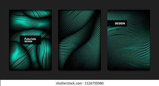 Distortion of Wavy Lines. Turquoise Abstract Backgrounds with Vibrant Gradient. Movement and Volume Effect. Futuristic Cover Templates Set for Presentation, Poster, Brochure. Distortion of 3d Shapes.
