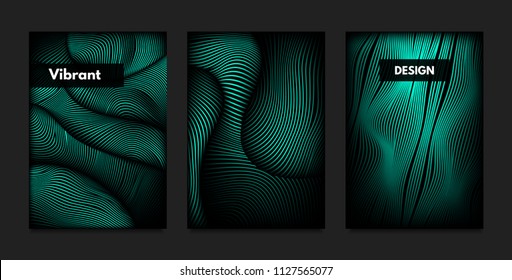 Distortion of Wavy Lines. Turquoise Abstract Backgrounds with Vibrant Gradient. Movement and Volume Effect. Futuristic Cover Templates Set for Presentation, Poster, Brochure. Distortion of 3d Shapes.