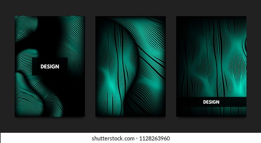 Distortion of Wavy Lines. Turquoise Abstract Backgrounds with Vibrant Gradient. Movement and Volume Effect. Futuristic Cover Templates Set for Presentation, Poster, Brochure. Distortion of 3d Shapes.