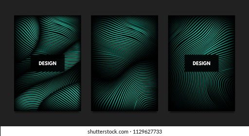 Distortion of Wavy Lines. Turquoise Abstract Backgrounds with Vibrant Gradient. Movement and Volume Effect. Futuristic Cover Templates Set for Presentation, Poster, Brochure. Distortion of 3d Shapes.