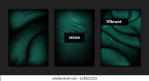 Distortion of Wavy Lines. Turquoise Abstract Backgrounds with Vibrant Gradient. Movement and Volume Effect. Futuristic Cover Templates Set for Presentation, Poster, Brochure. Distortion of 3d Shapes.