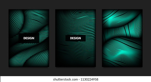 Distortion of Wavy Lines. Turquoise Abstract Backgrounds with Vibrant Gradient. Movement and Volume Effect. Futuristic Cover Templates Set for Presentation, Poster, Brochure. Distortion of 3d Shapes.