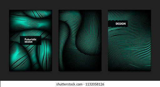 Distortion of Wavy Lines. Turquoise Abstract Backgrounds with Vibrant Gradient. Movement and Volume Effect. Futuristic Cover Templates Set for Presentation, Poster, Brochure. Distortion of 3d Shapes.