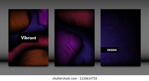 Distortion of Wavy Lines. Turquoise Abstract Backgrounds with Vibrant Gradient. Movement and Volume Effect. Futuristic Cover Templates Set for Presentation, Poster, Brochure. Distortion of 3d Shapes.
