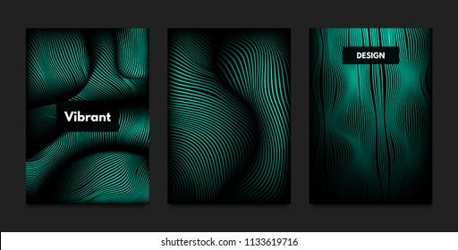 Distortion of Wavy Lines. Turquoise Abstract Backgrounds with Vibrant Gradient. Movement and Volume Effect. Futuristic Cover Templates Set for Presentation, Poster, Brochure. Distortion of 3d Shapes.