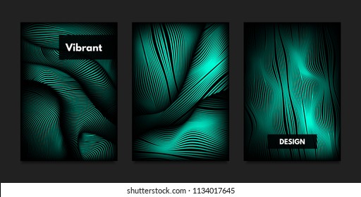 Distortion of Wavy Lines. Turquoise Abstract Backgrounds with Vibrant Gradient. Movement and Volume Effect. Futuristic Cover Templates Set for Presentation, Poster, Brochure. Distortion of 3d Shapes.