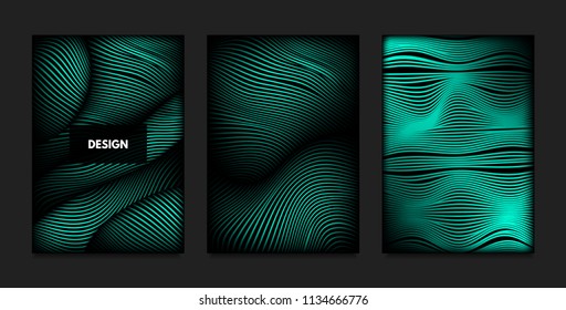 Distortion of Wavy Lines. Turquoise Abstract Backgrounds with Vibrant Gradient. Movement and Volume Effect. Futuristic Cover Templates Set for Presentation, Poster, Brochure. Distortion of 3d Shapes.