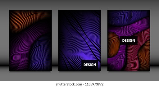 Distortion of Wavy Lines. Turquoise Abstract Backgrounds with Vibrant Gradient. Movement and Volume Effect. Futuristic Cover Templates Set for Presentation, Poster, Brochure. Distortion of 3d Shapes.