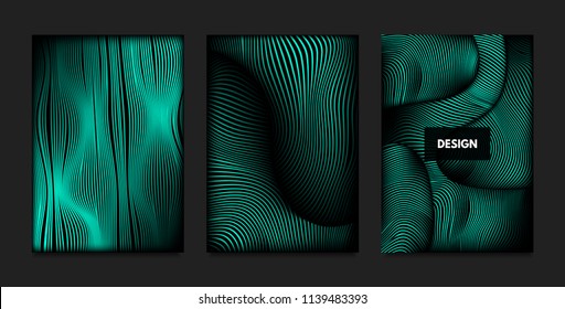 Distortion of Wavy Lines. Turquoise Abstract Backgrounds with Vibrant Gradient. Movement and Volume Effect. Futuristic Cover Templates Set for Presentation, Poster, Brochure. Distortion of 3d Shapes.