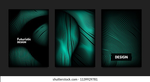 Distortion of Wavy Lines. Turquoise Abstract Backgrounds with Vibrant Gradient. Movement and Volume Effect. Futuristic Cover Templates Set for Presentation, Poster, Brochure. Distortion of 3d Shapes.