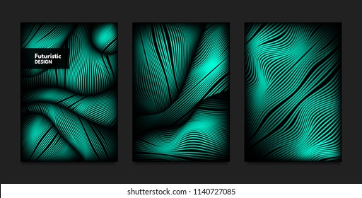 Distortion of Wavy Lines. Turquoise Abstract Backgrounds with Vibrant Gradient. Movement and Volume Effect. Futuristic Cover Templates Set for Presentation, Poster, Brochure. Distortion of 3d Shapes.
