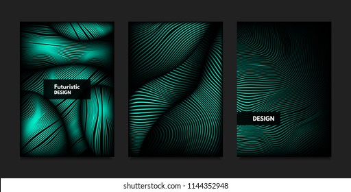 Distortion of Wavy Lines. Turquoise Abstract Backgrounds with Vibrant Gradient. Movement and Volume Effect. Futuristic Cover Templates Set for Presentation, Poster, Brochure. Distortion of 3d Shapes.