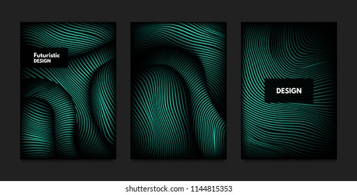 Distortion of Wavy Lines. Turquoise Abstract Backgrounds with Vibrant Gradient. Movement and Volume Effect. Futuristic Cover Templates Set for Presentation, Poster, Brochure. Distortion of 3d Shapes.