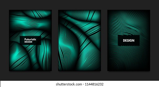 Distortion of Wavy Lines. Turquoise Abstract Backgrounds with Vibrant Gradient. Movement and Volume Effect. Futuristic Cover Templates Set for Presentation, Poster, Brochure. Distortion of 3d Shapes.