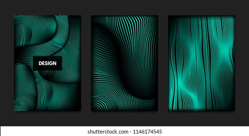 Distortion of Wavy Lines. Turquoise Abstract Backgrounds with Vibrant Gradient. Movement and Volume Effect. Futuristic Cover Templates Set for Presentation, Poster, Brochure. Distortion of 3d Shapes.