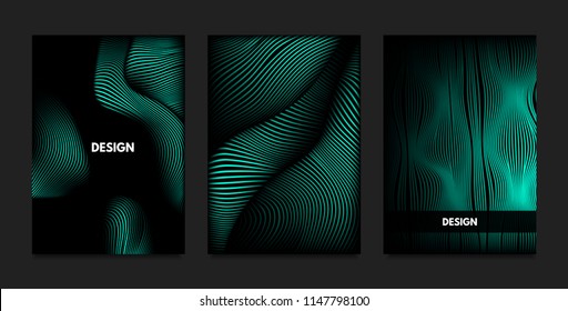 Distortion of Wavy Lines. Turquoise Abstract Backgrounds with Vibrant Gradient. Movement and Volume Effect. Futuristic Cover Templates Set for Presentation, Poster, Brochure. Distortion of 3d Shapes.