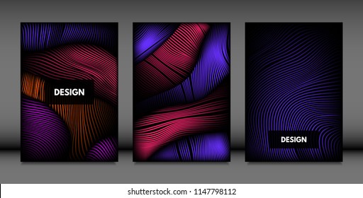 Distortion of Wavy Lines. Turquoise Abstract Backgrounds with Vibrant Gradient. Movement and Volume Effect. Futuristic Cover Templates Set for Presentation, Poster, Brochure. Distortion of 3d Shapes.